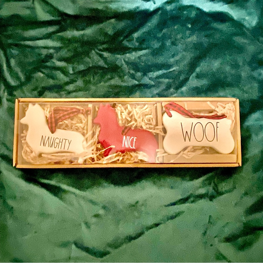 Rae Dunn Corgi Naughty/Nice Christmas Ornaments NWT Rare